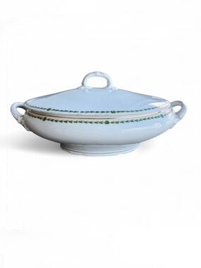 Antique Oval Tureen And Lid Pottery Green Floral L Straus & Sons 1844 White